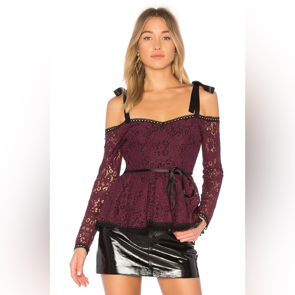 NWT ALEXIS Krysten Burgundy Lace Square Neck Off Shoulder Blouse SMALL